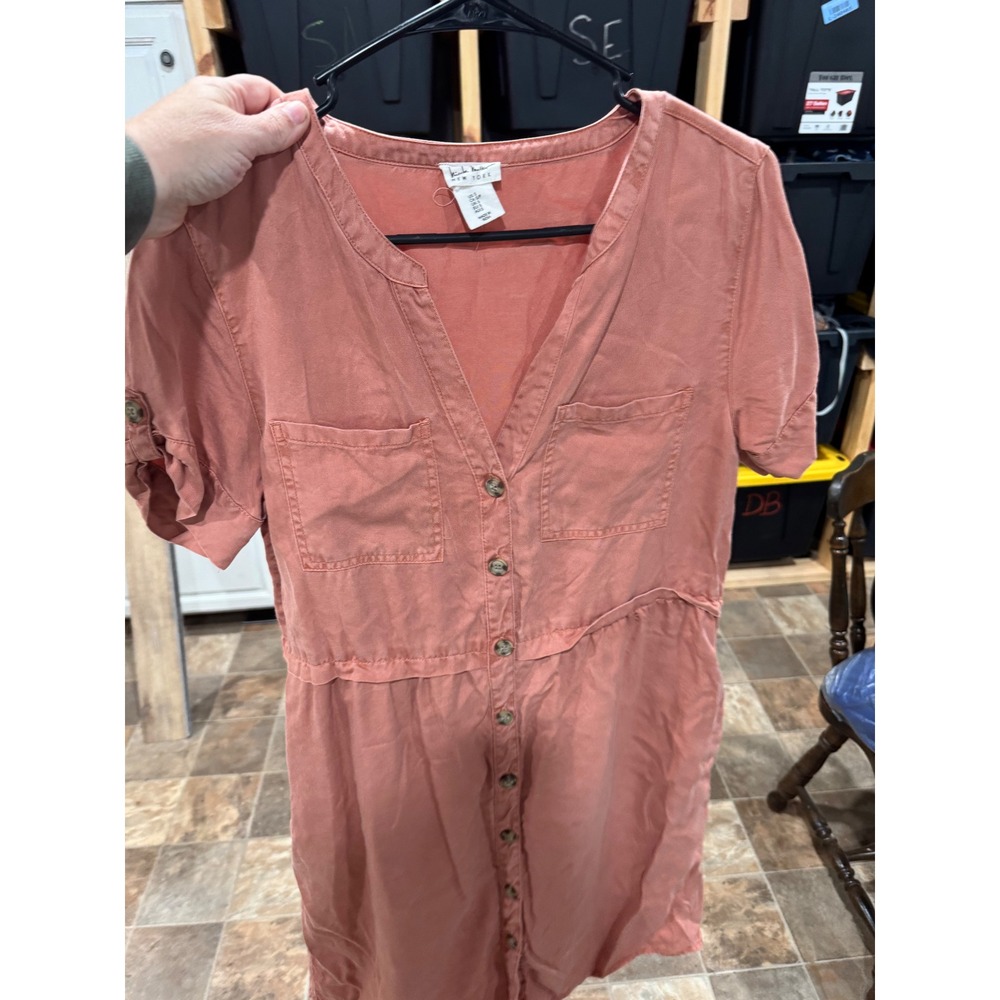 Nicole Miller New York Coral Pink Button Front Shirt Dress Utility Pocket Small